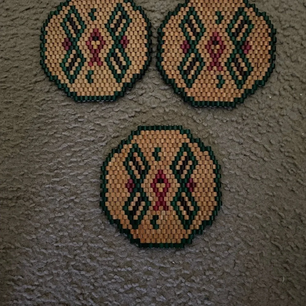 Vintage Set Of 3 Wooden Beaded Geometric Patterned Trivets For Hot Cookware 6in
